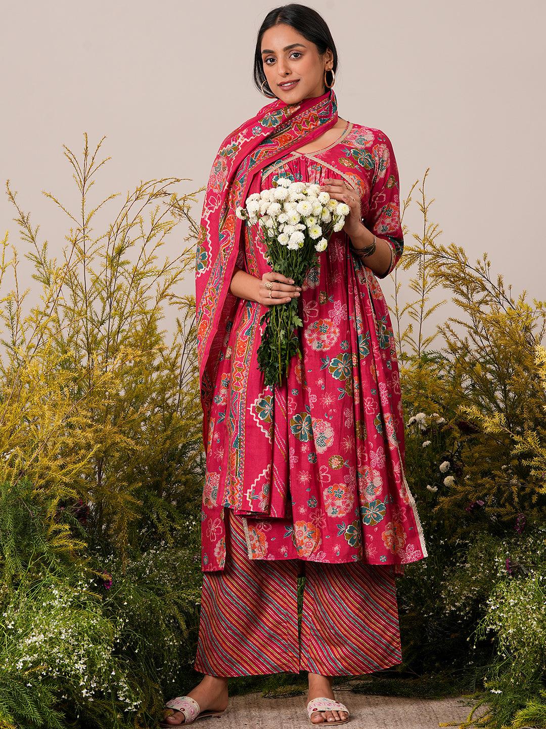 Pink Printed Silk Blend A-Line Kurta With Palazzos & Dupatta - Jashvi