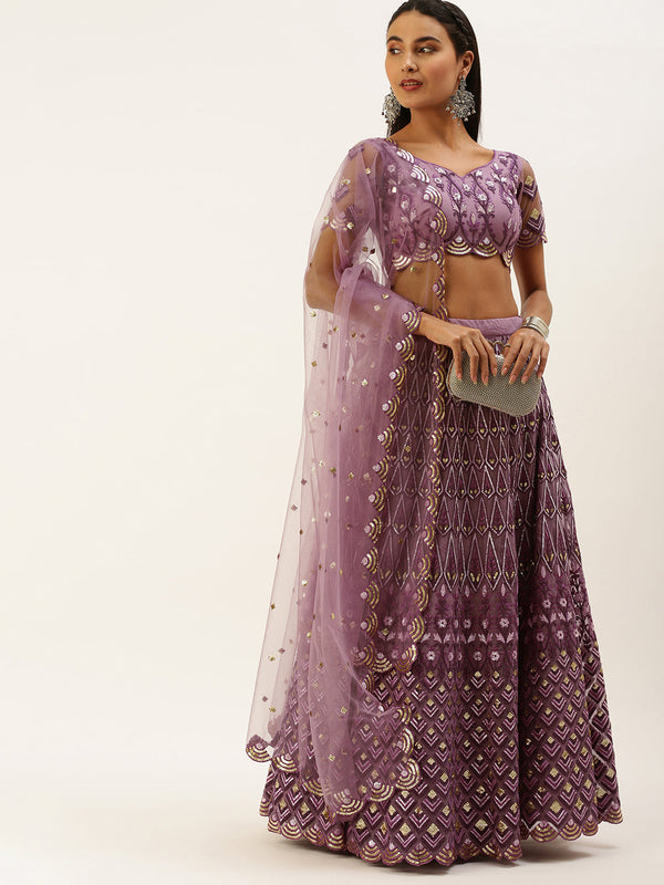 Women's Lavender Net Sequince Lehenga & Blouse With Dupatta - Royal Dwells