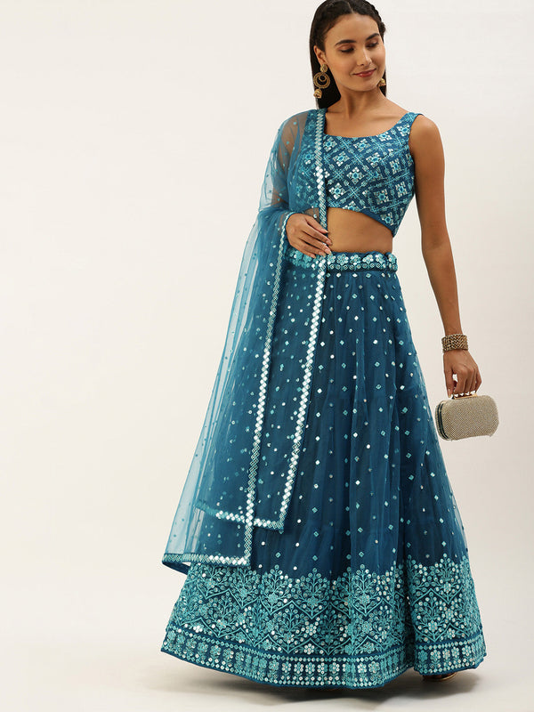 Women's Teal Net Sequince Work Lehenga & Blouse, Dupatta - Royal Dwells