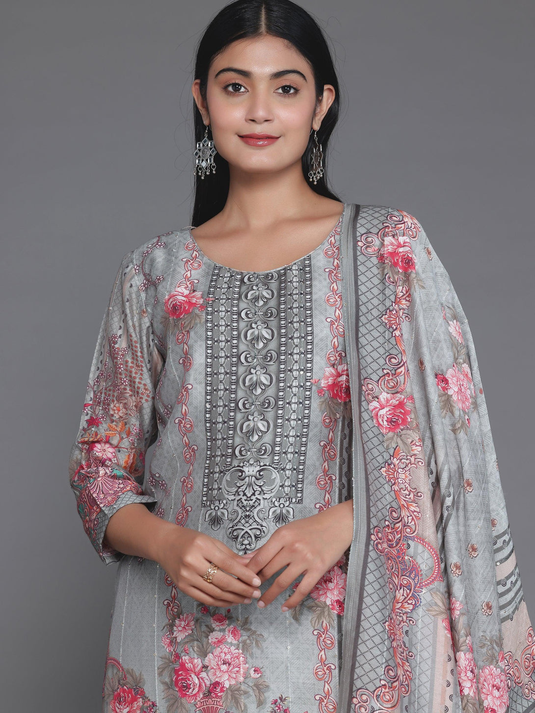 Grey Printed Silk Blend Straight Suit With Dupatta - Jashvi