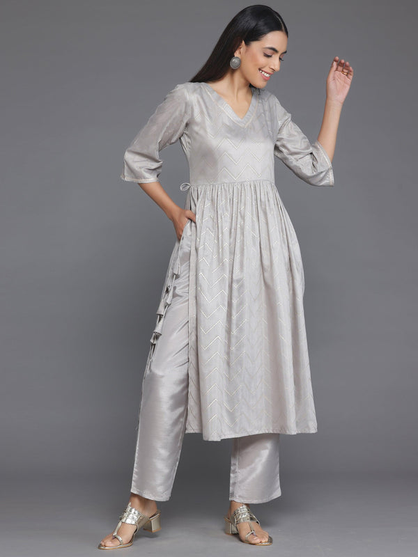 Grey Printed Silk Blend A-Line Kurta With Trousers