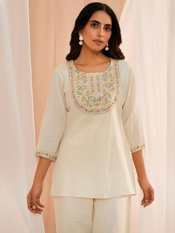 Off White Yoke Design Cotton Straight Kurti