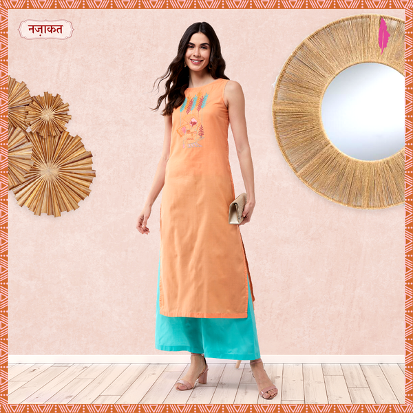 Women's Orange Embroidered Sleeveless Kurta With Pants - Pannkh