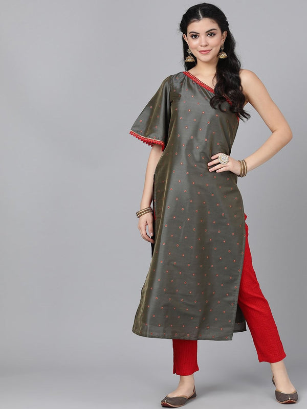 Women's  Olive Brown & Red Woven Design One Shoulder Straight Kurta - AKS