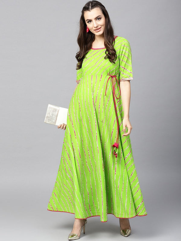 Women's  Green & Magenta Leheriya Print Anarkali Kurta - AKS