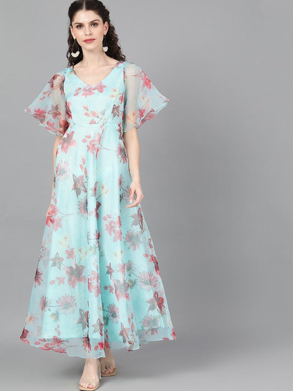 Women's  Turquoise Blue & Pink Floral Printed Maxi Dress - AKS