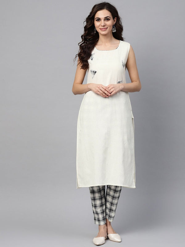 Women's  Off-White & Grey Solid Kurta with Trousers - AKS