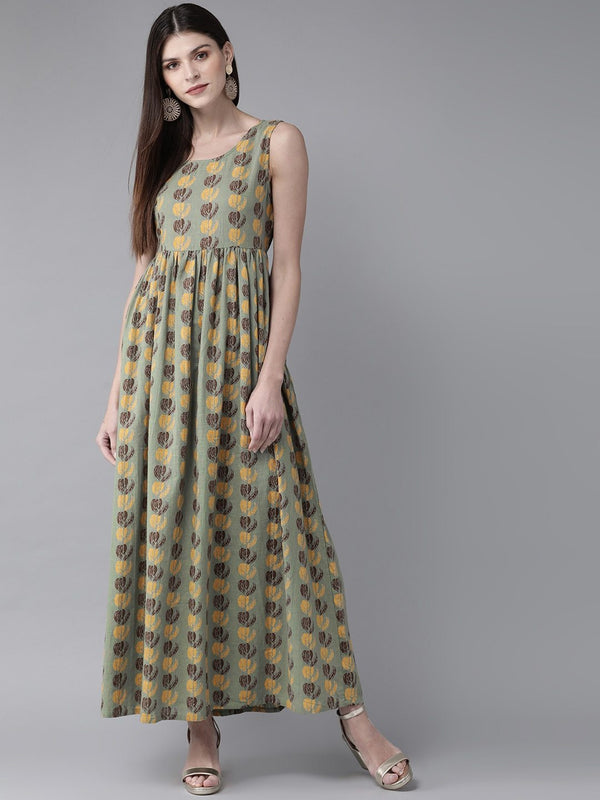 Women's  Green & Yellow Printed Maxi Dress - AKS