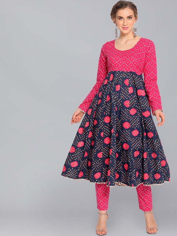 Women's  Navy Blue & Pink Bandhani Printed Anarkali Kurta - AKS