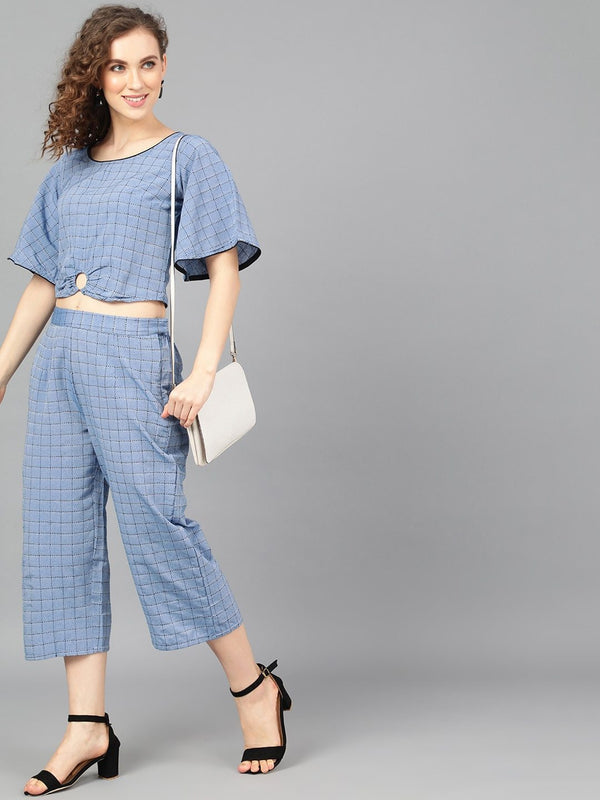 Women's  Blue & Black Checked Two-Piece Jumsuit - AKS