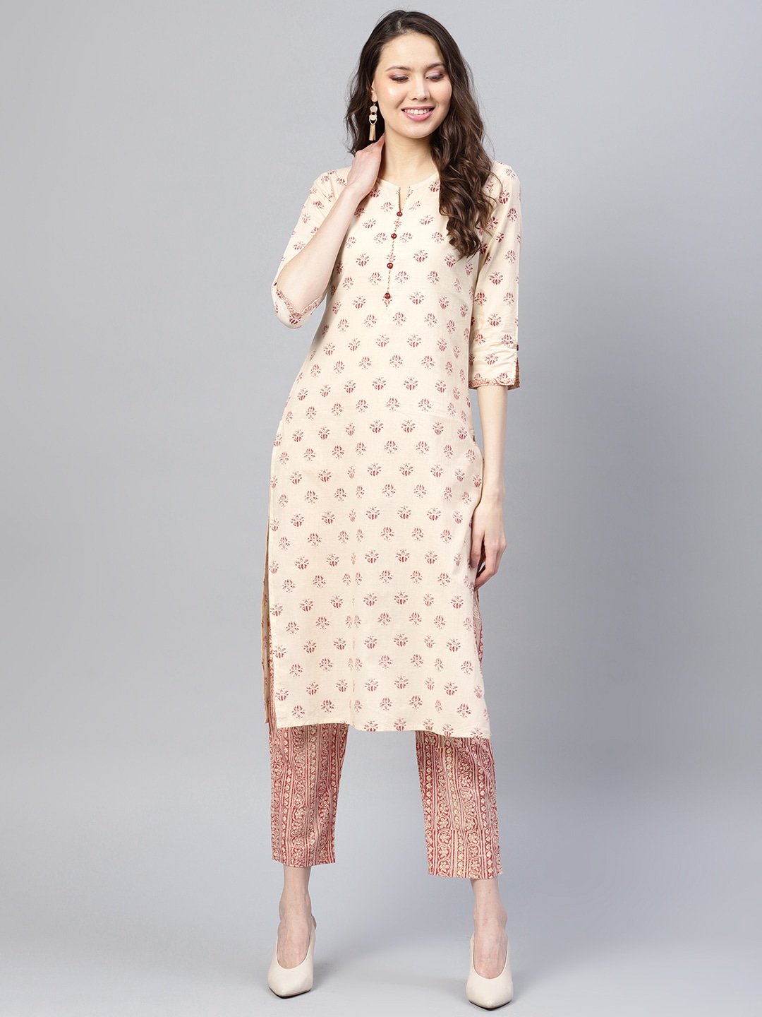 Women's Beige & Maroon Printed Kurta Set - Yufta