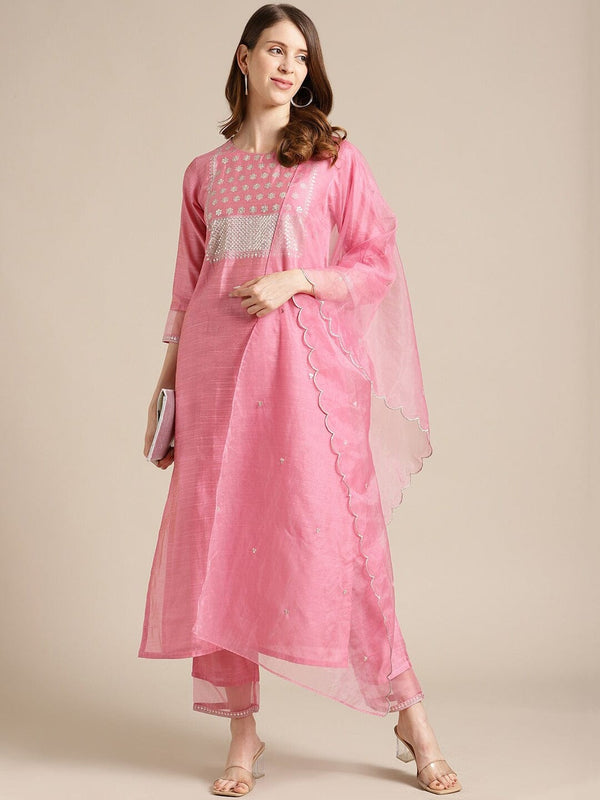 Women's Pink Floral Embroidered Thread Work Kurta with Trousers & With Dupatta - Varanga