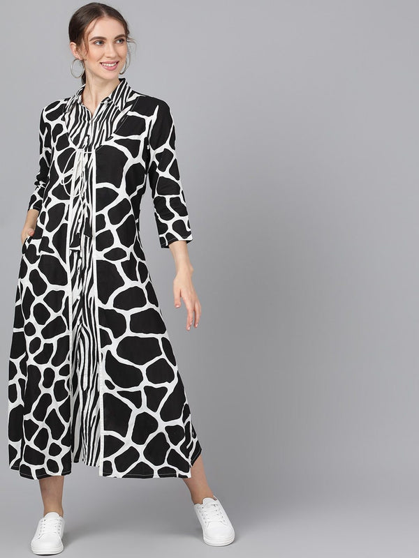 Women's  Black & White Printed A-Line Dress - AKS