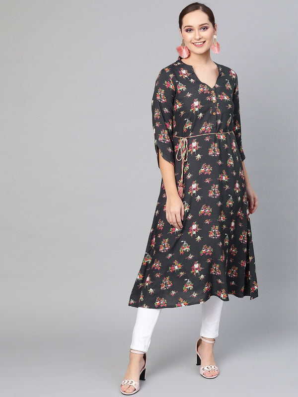 Women's  Grey & Pink Printed A-Line Kurta - AKS