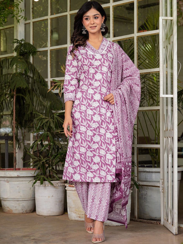 Women's Floral Printed V-Neck Pure Cotton Straight Kurta Trousers & With Dupatta - Taantav