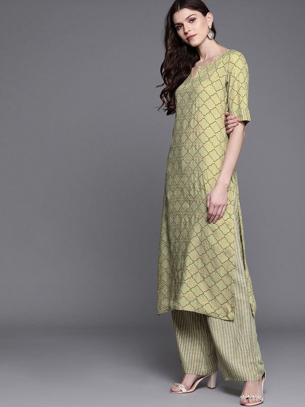 Women's  Green & Golden Printed Kurta with Palazzos - AKS