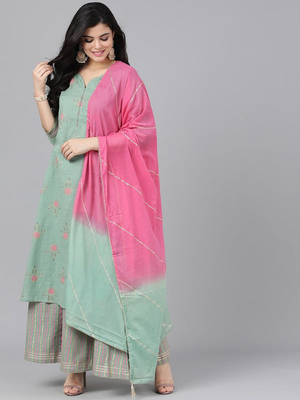 Women's  Green & Pink Printed Kurta with Palazzos & Dupatta - AKS