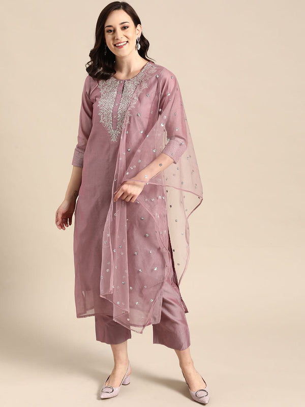 Women's Mauve Zari Yoke Design Chanderi Silk Kurta With Trousers & Dupatta - Varanga