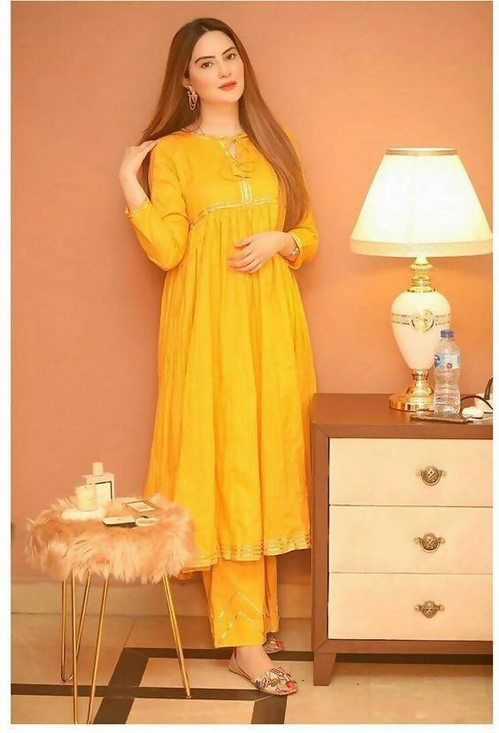 Women's Mustard Yellow Cotton Kurta & Pant With Gota Work - Cheera