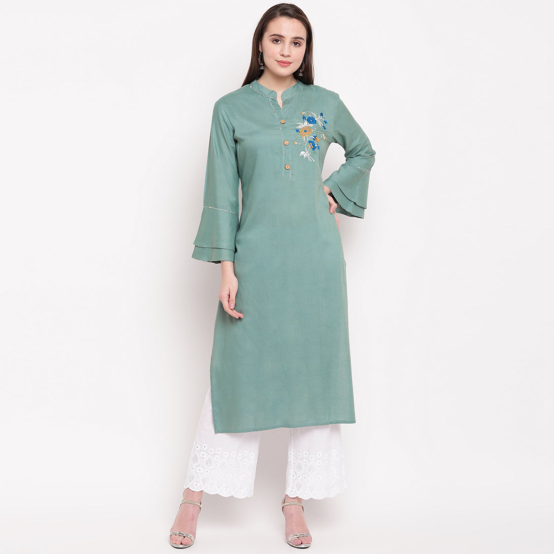 Women's Embroidered/Solid Straight Rayon See Green Kurti - Vbuyz