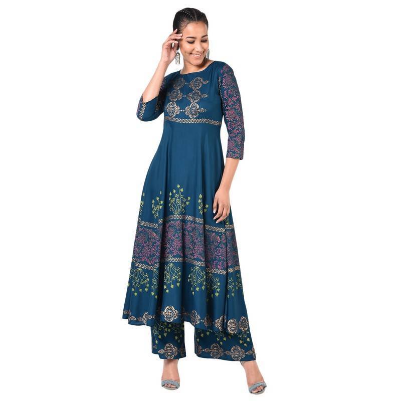 Women's Block Print Anarkali Flared Kurta and palazzo set - Aniyah