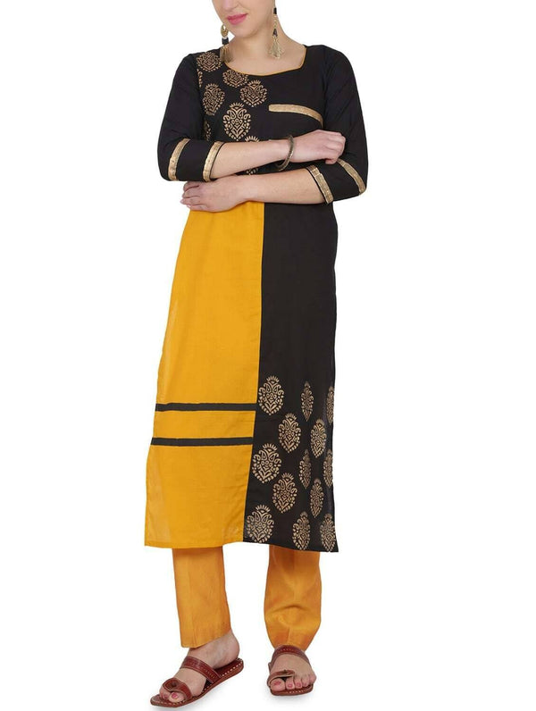 Women's Black Straight Printed Long Kurta Only - Cheera