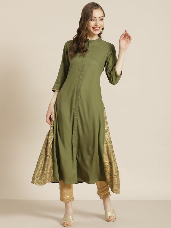 Women's Juniper Olive Rayon Printed A-Line Kurta - Juniper