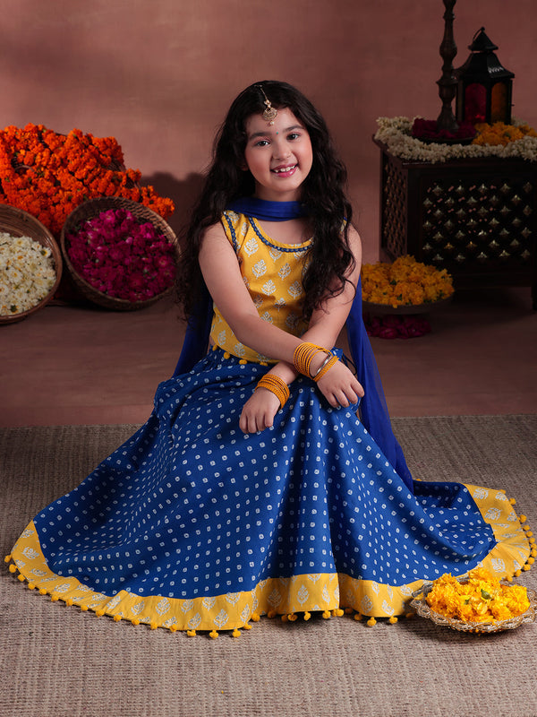 Jashvi Kids Yellow Cotton Printed Lehenga Set