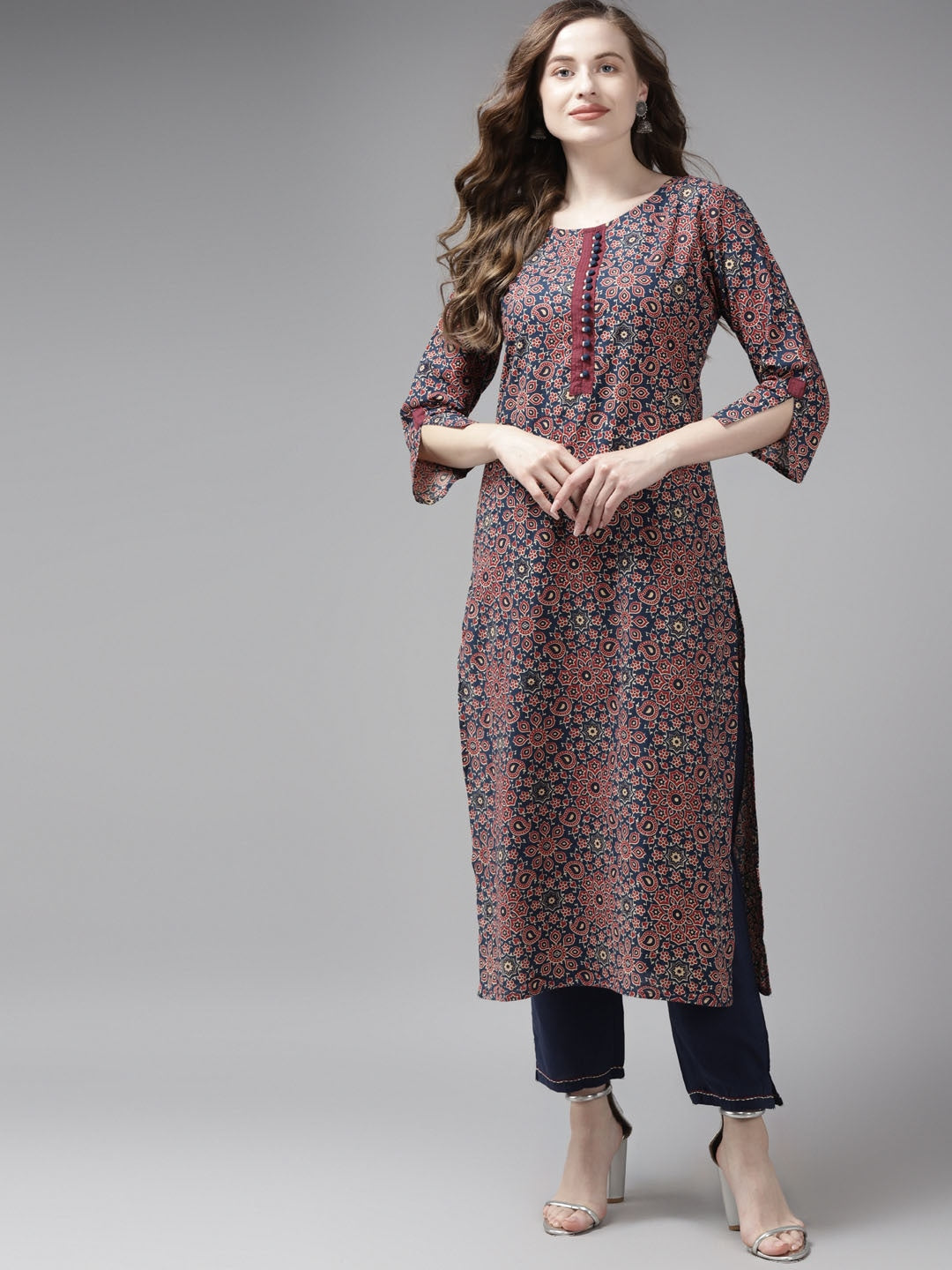 Women's Blue Printed Regular Pure Cotton Kurta With Palazzos - Yufta