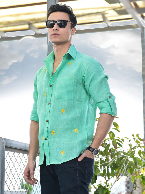 Men's Green Linen Embroidery Shirt - Hatheli