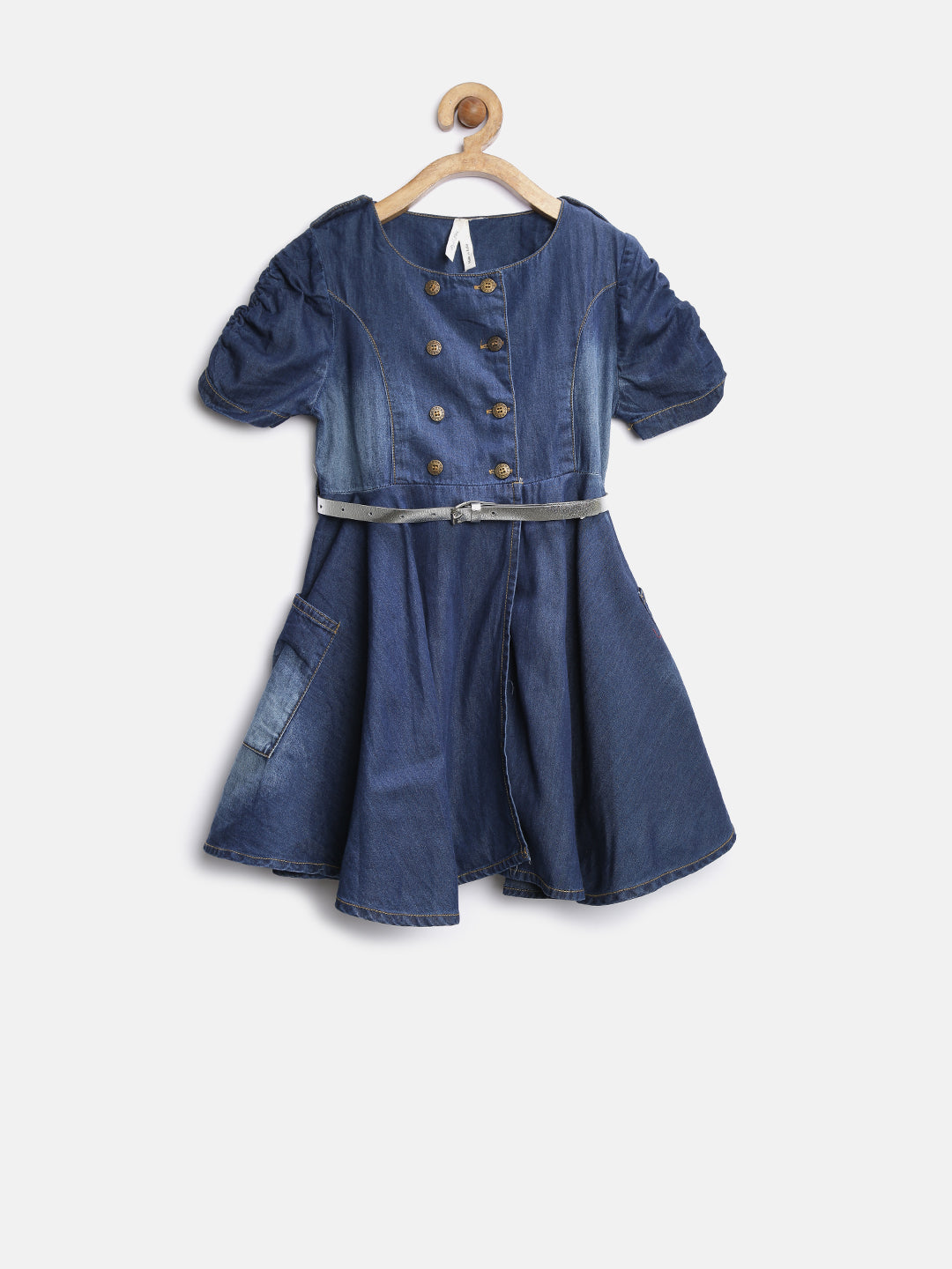 Girl's Denim Puff Sleeve Flared Dress - Stylestone Kid