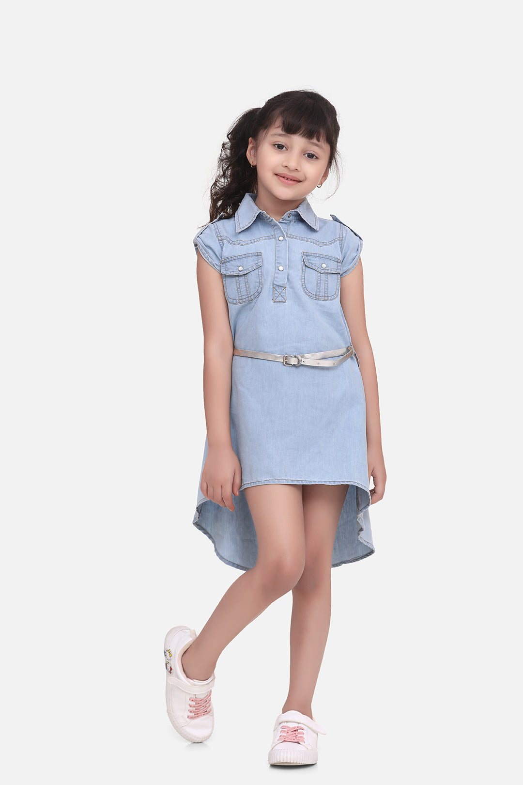 Girl's Denim Hi Lo Dress With Belt - Stylestone Kid