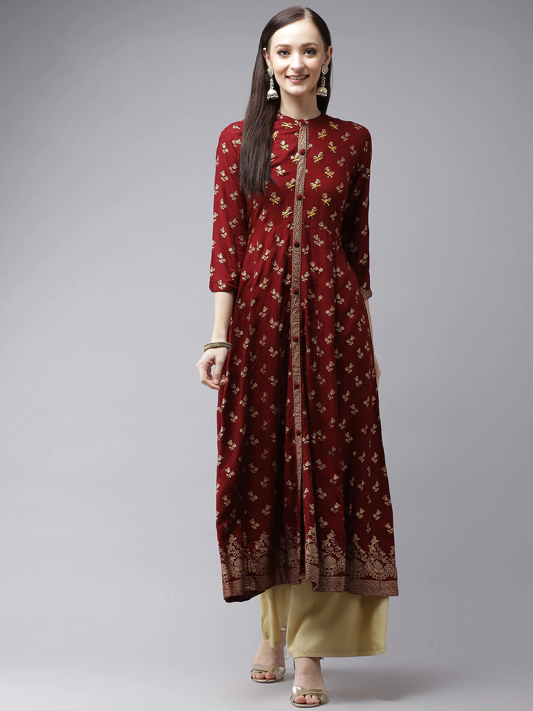 Women's Maroon & Gold Floral Printed Kurta - Yufta