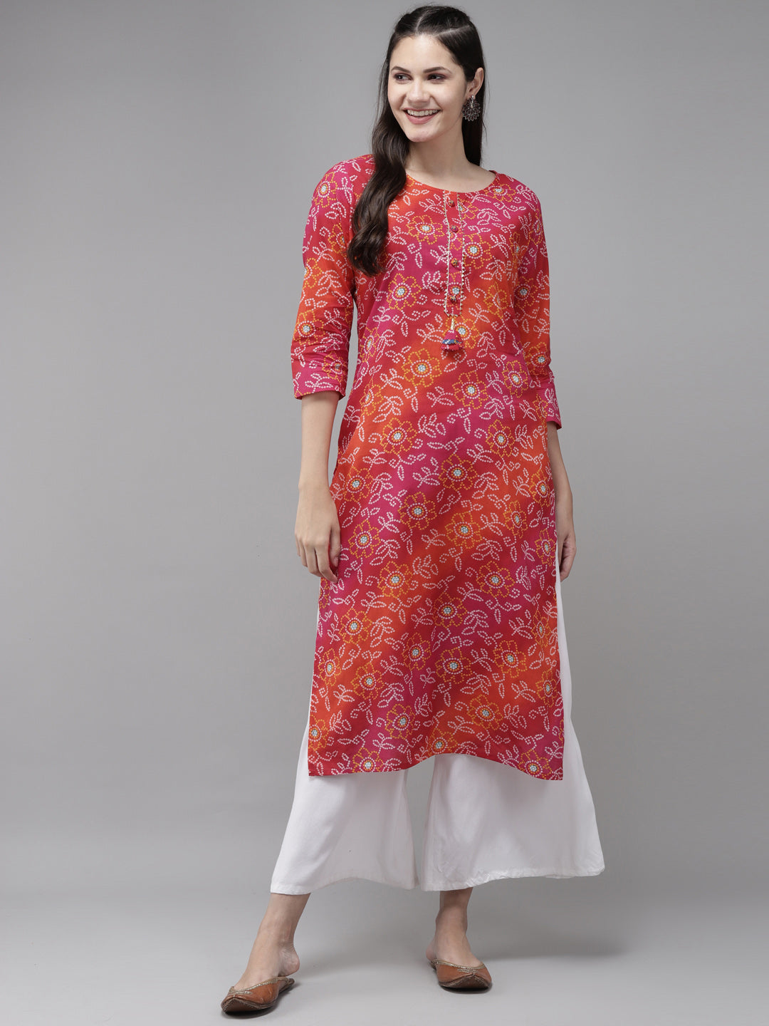 Women's Red And Pink Bandhani Printed Kurta - Yufta