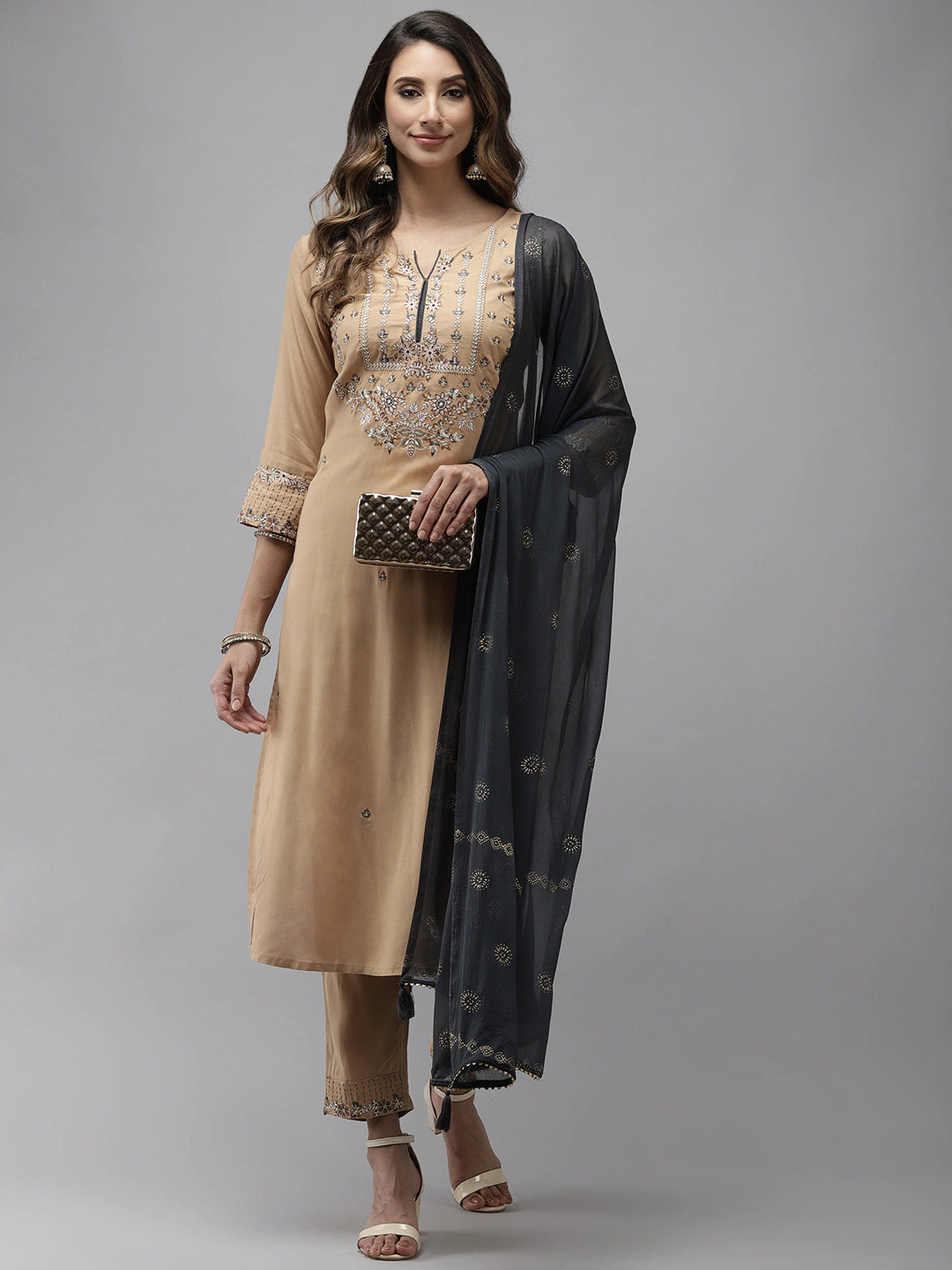 Women's Beige & Charcoal Grey Ethnic Motifs Embroidered Kurta With Trousers & Dupatta - Yufta