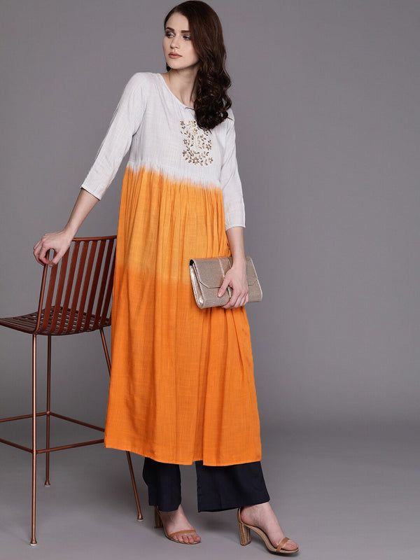 Women's  Orange & White Dyed A-Line Kurta - AKS