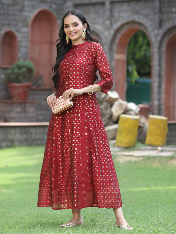 Jashvi Women`s Maroon Chanderi Silk Printed Anarkali Kurta