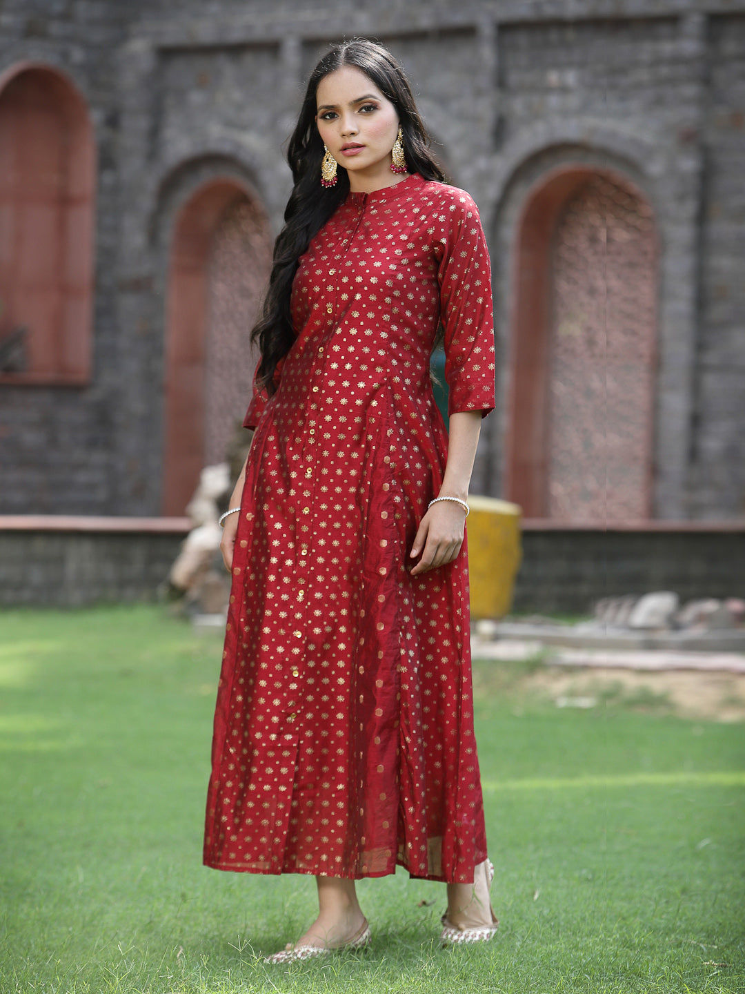 Women's Maroon Chanderi Silk Printed Anarkali Kurta - Juniper