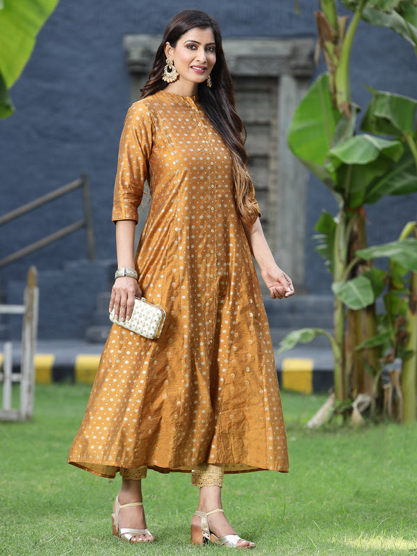 Jashvi Mustard Polka Dot Printed Chanderi Kalidar Women Kurta