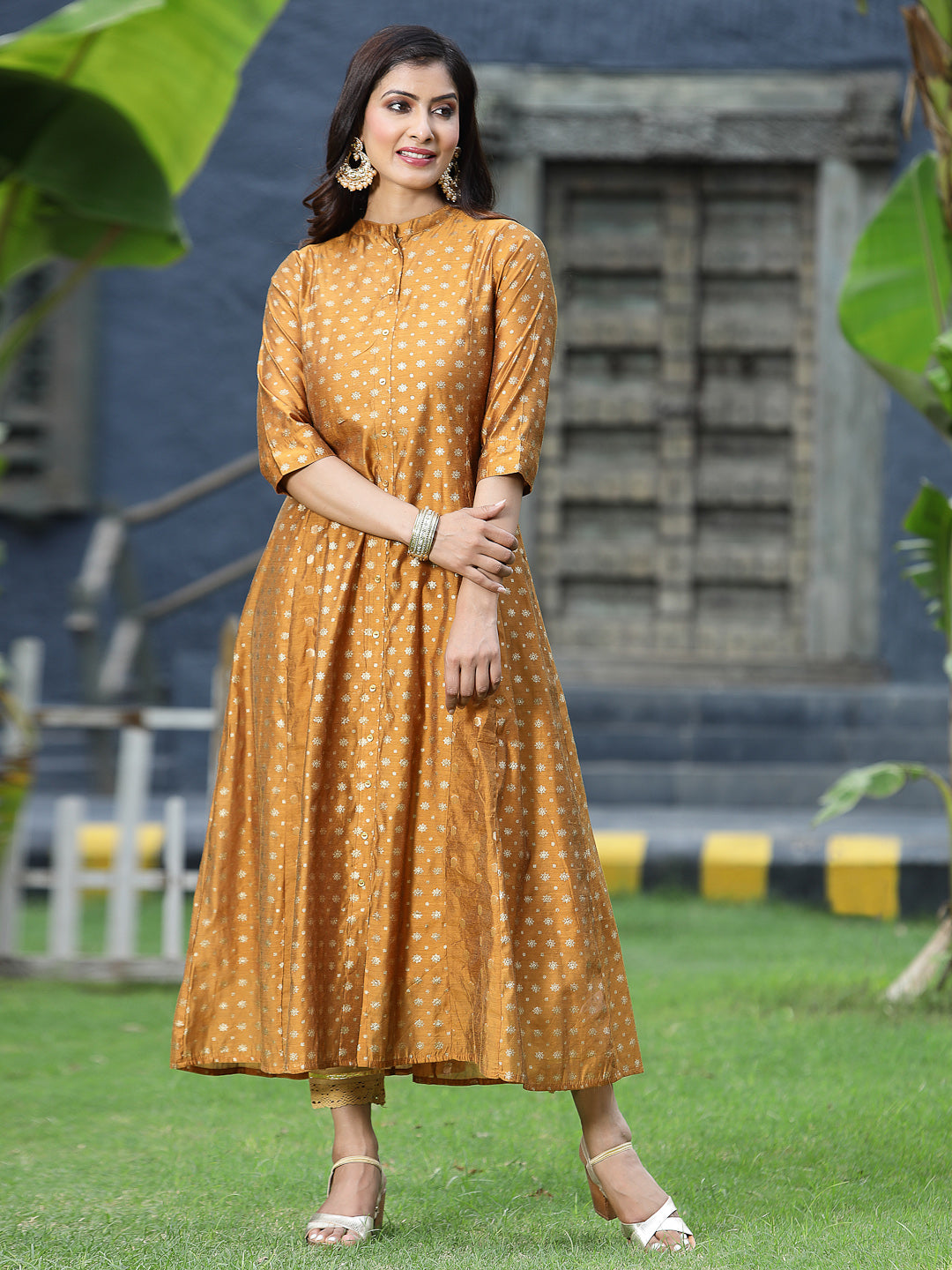 Women's Mustard Chanderi Silk Printed Anarkali Kurta - Juniper