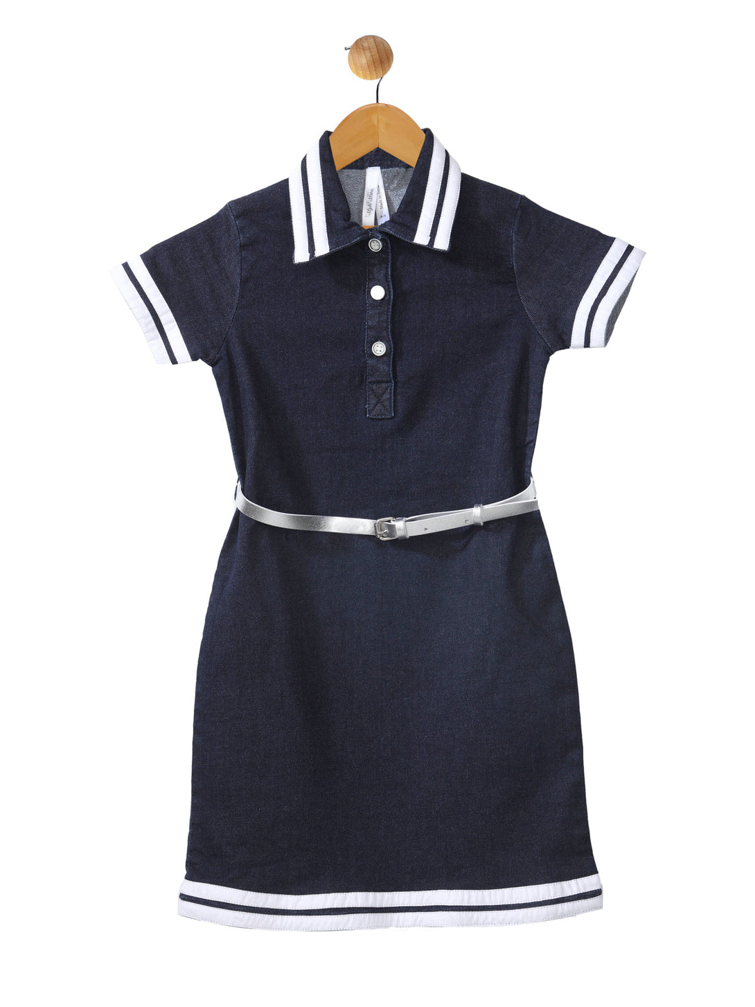 Girl's  Dark Blue Striped Sleeve Dress With Belt - StyleStone Kid