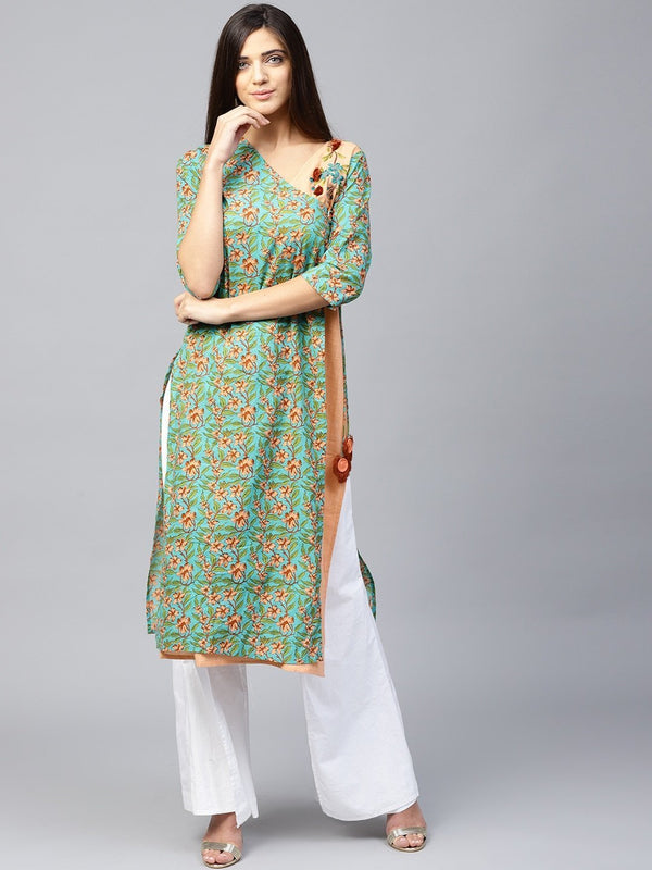 Women's Green & Peach Printed Kurta - Yufta