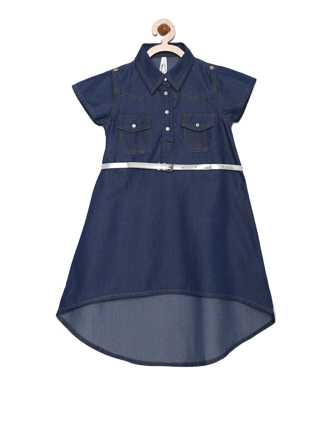 Girl's  Dark Blue Denim Hi Lo Dress With Belt - StyleStone Kid