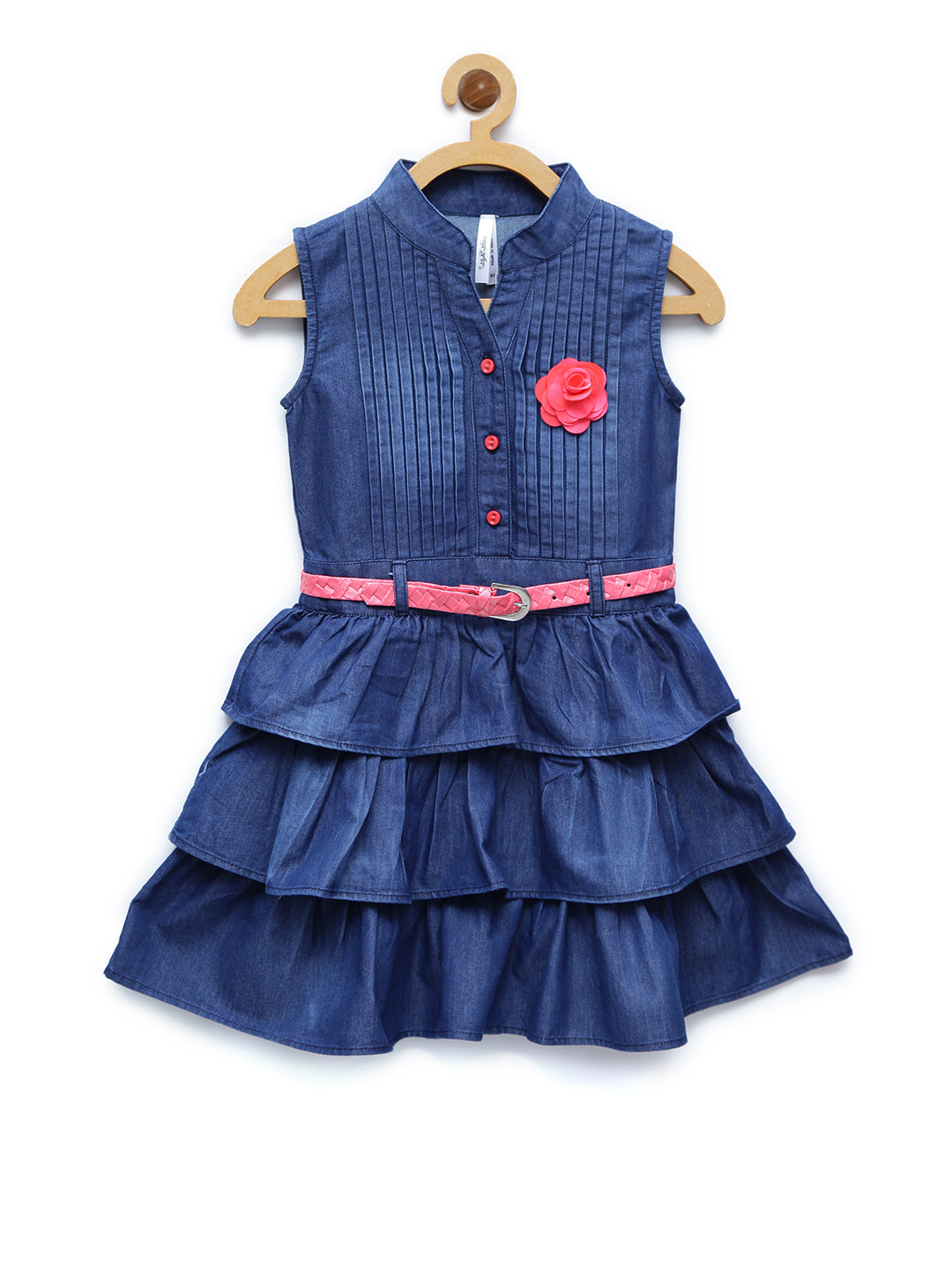 Girl's  Dark Blue Denim Tiered Rose Patch Dress With Belt - StyleStone Kid