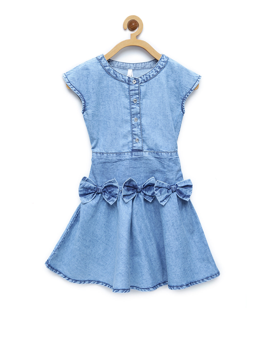 Girl's  Denim Smocked Waist And Bow Dress - StyleStone Kid