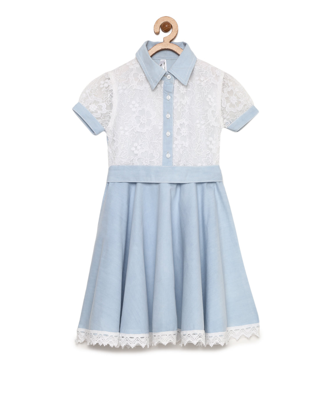 Girl's  Denim Lace Bodice Dress With Belt - StyleStone Kid