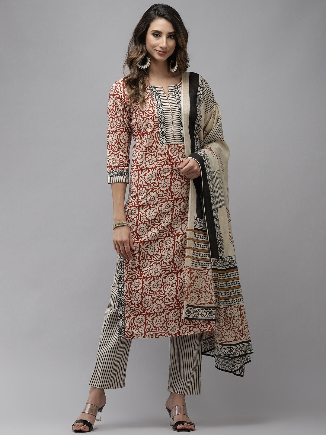 Women's Beige And Rust Printed Kurta With Trousers & With Dupatta - Yufta