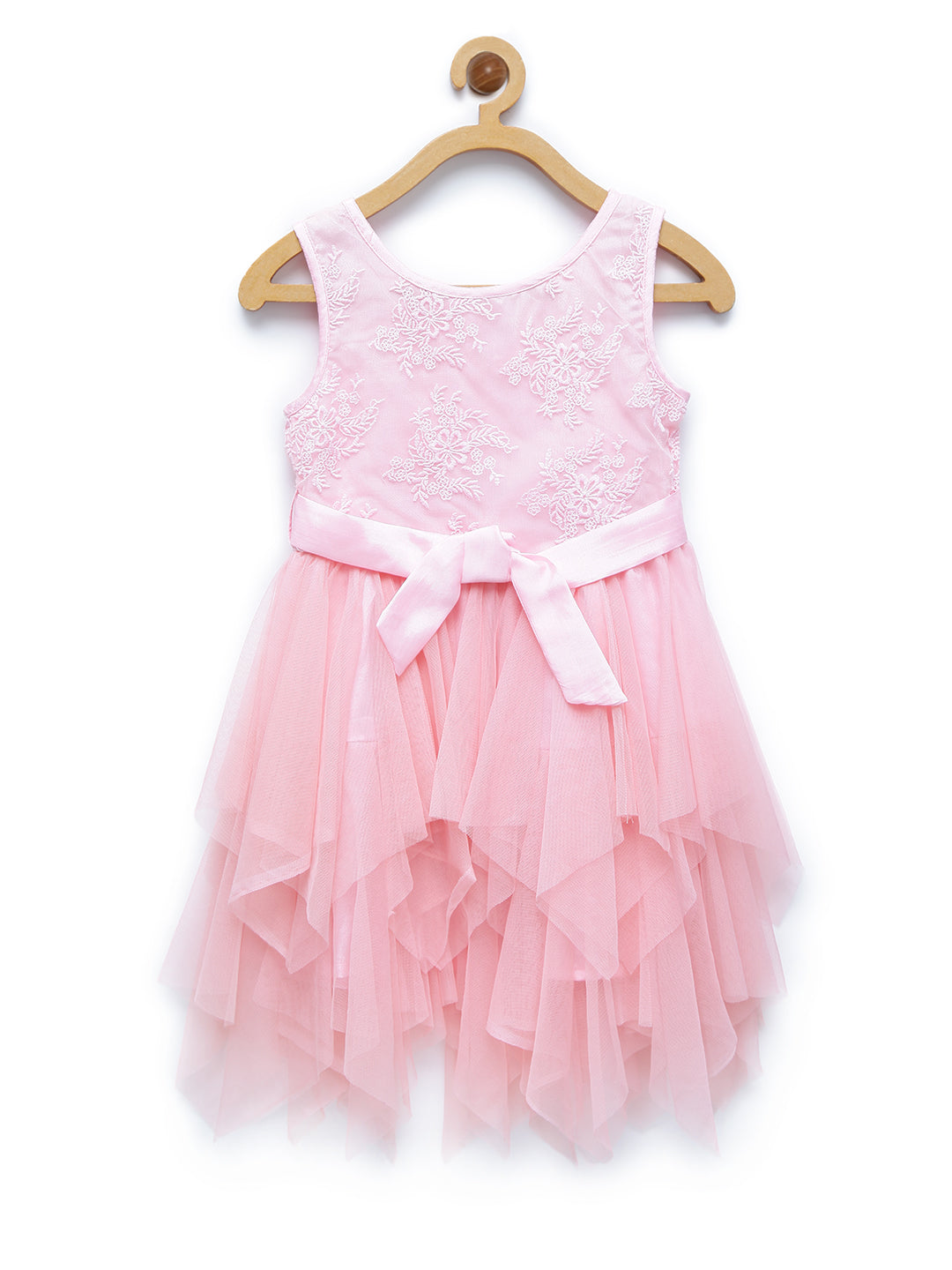 Girl's  Pink Asymmetrical Hemline Lace And Net Tiered Dress - StyleStone Kid