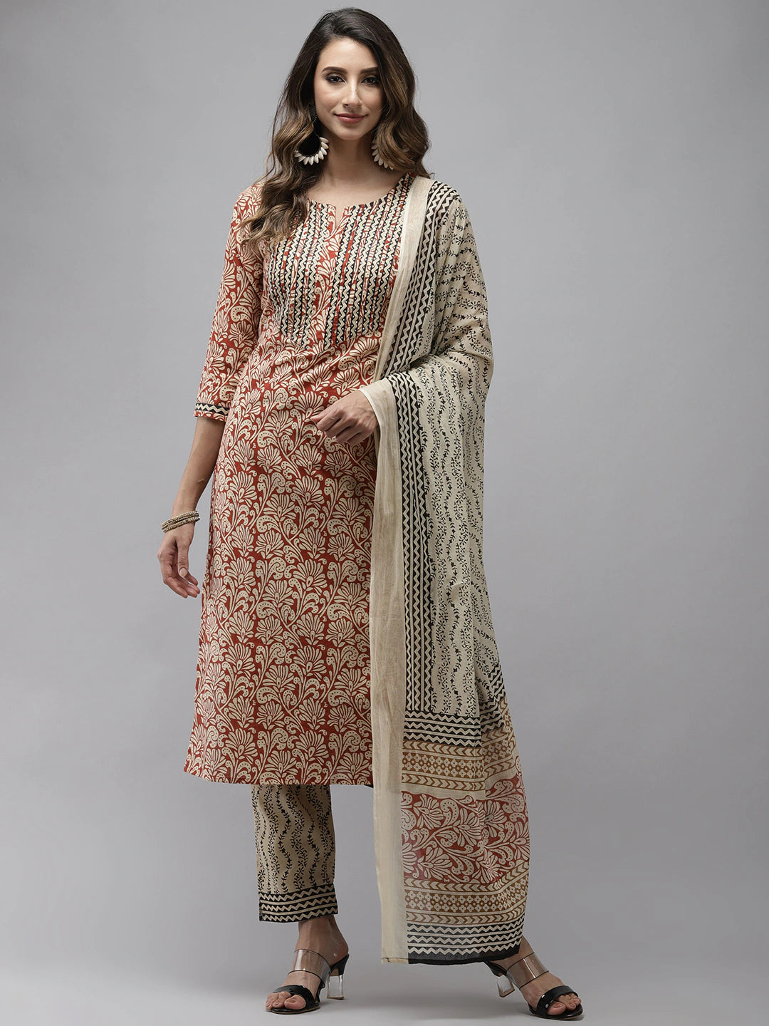 Women's Beige Ethnic Motifs Printed Kurta With Trousers & With Dupatta - Yufta