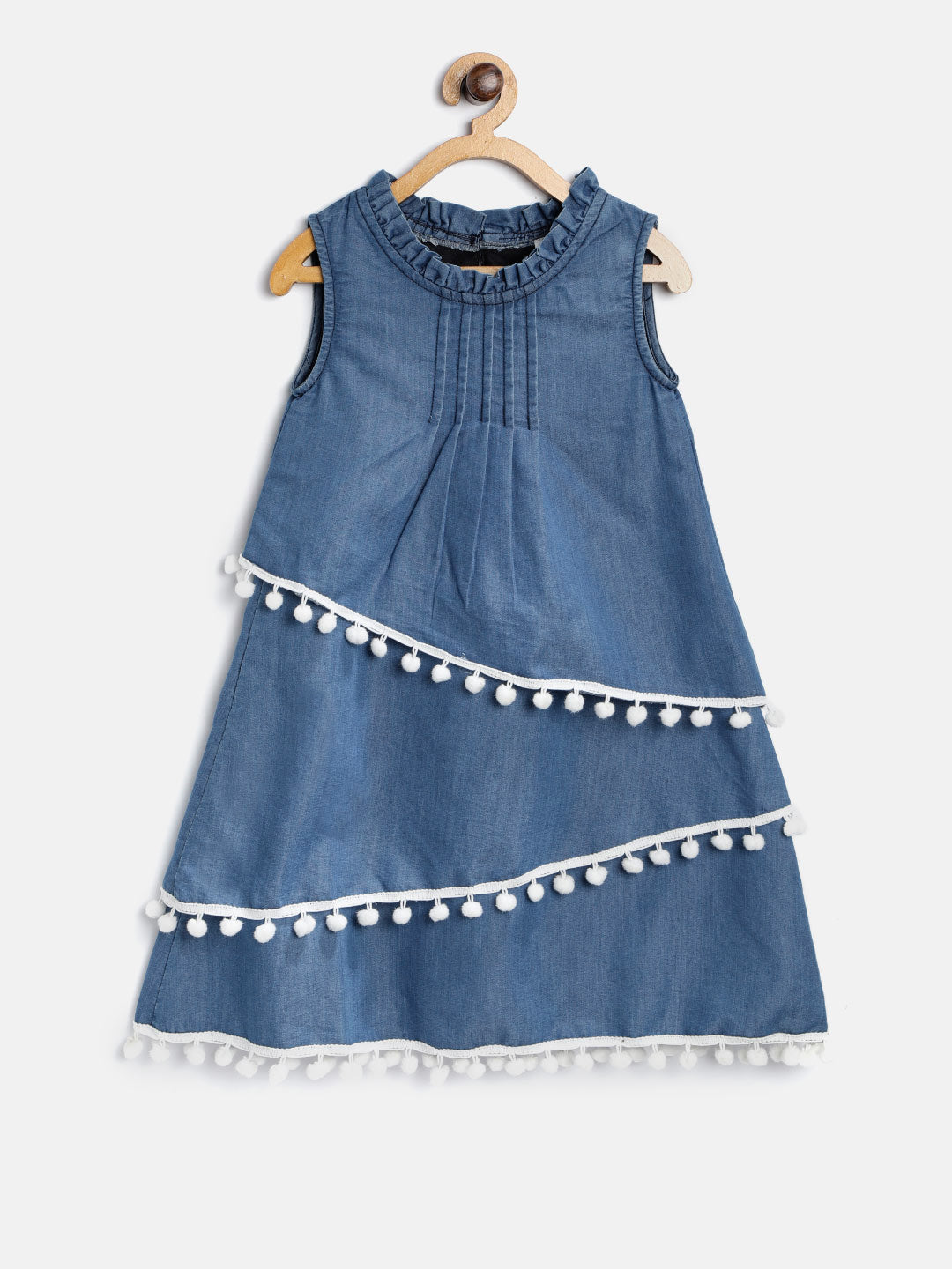 Gilr's Denim Dress With White Pom Pom Lace - StyleStone Kid